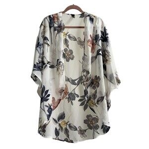 Satin White Floral Robe Kimono Style Open Front Size XL